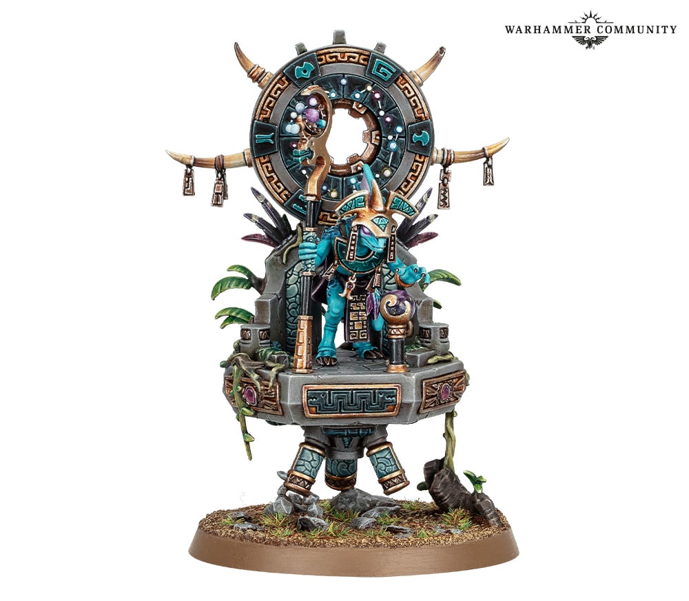 An image of the Warhammer Age of Sigmar Seraphon model Skink Starseer, depicting a little lizard wizard on a floating throne